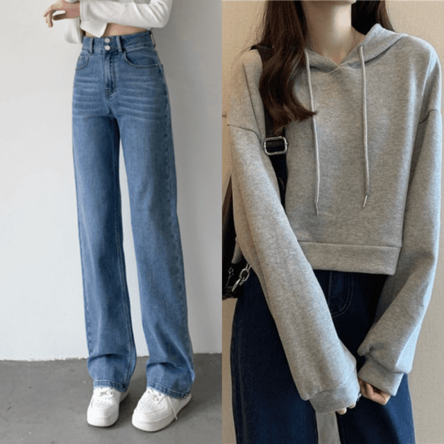 低身長さんOK【2点セット】シンプルに差がつく！ショート丈パーカー×デニムパンツセット