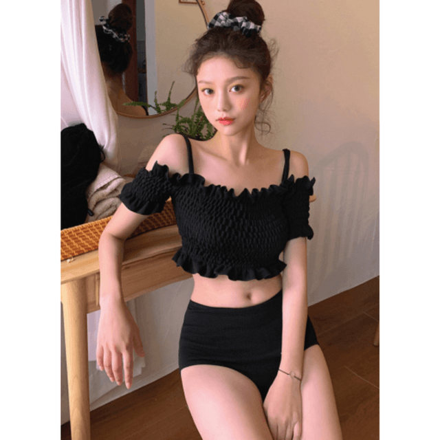 骨格ウェーブ服シャーリングフリル水着