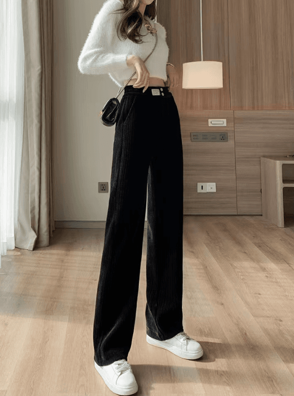 骨格ウェーブ裏フリースコーデュロイストレートカジュアルパンツ