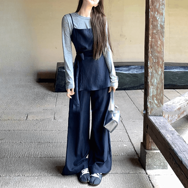 骨格ウェーブ長袖Tシャツ・キャミトップス＆ワイドパンツ３点アップ