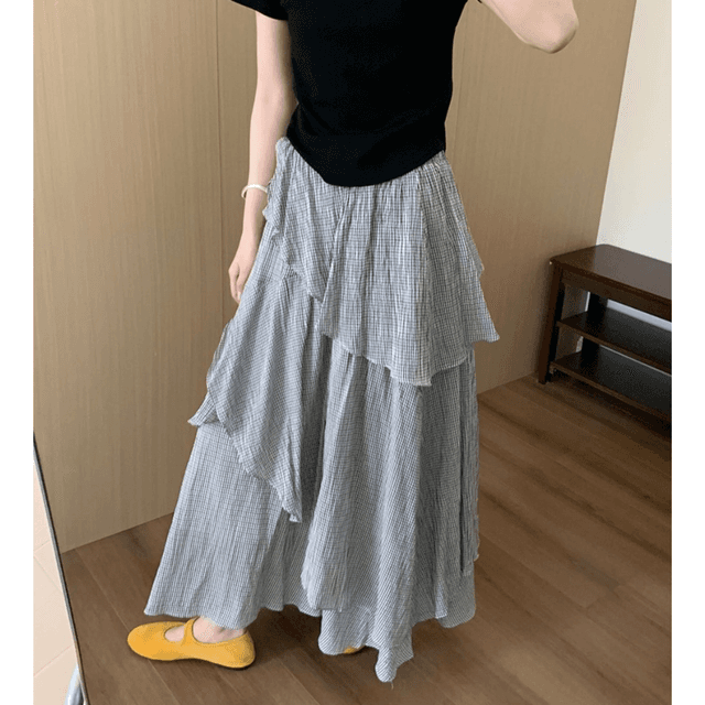 骨格ウェーブ格子柄ヘムフリルスカート