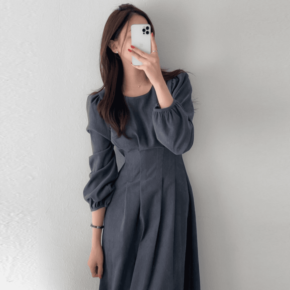 骨格ウェーブ服ウエストタックロングワンピース