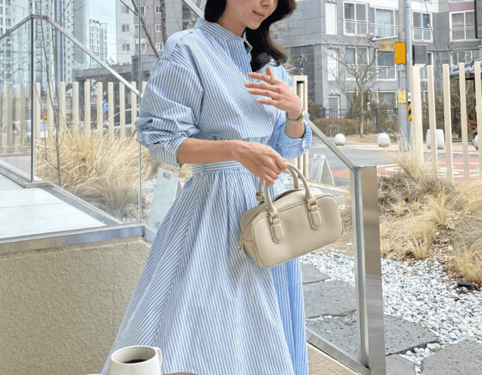 骨格ウェーブフロントフラップデザインストライプシャツワンピース