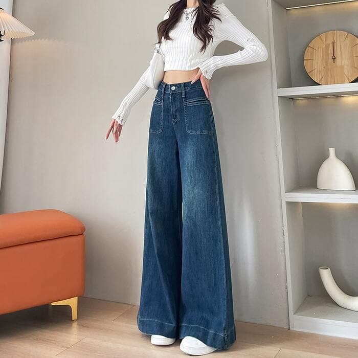 骨格ウェーブハイウエストルーズワイドフレアデニムパンツ