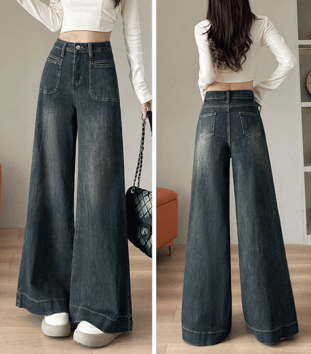 骨格ウェーブハイウエストルーズワイドフレアデニムパンツ