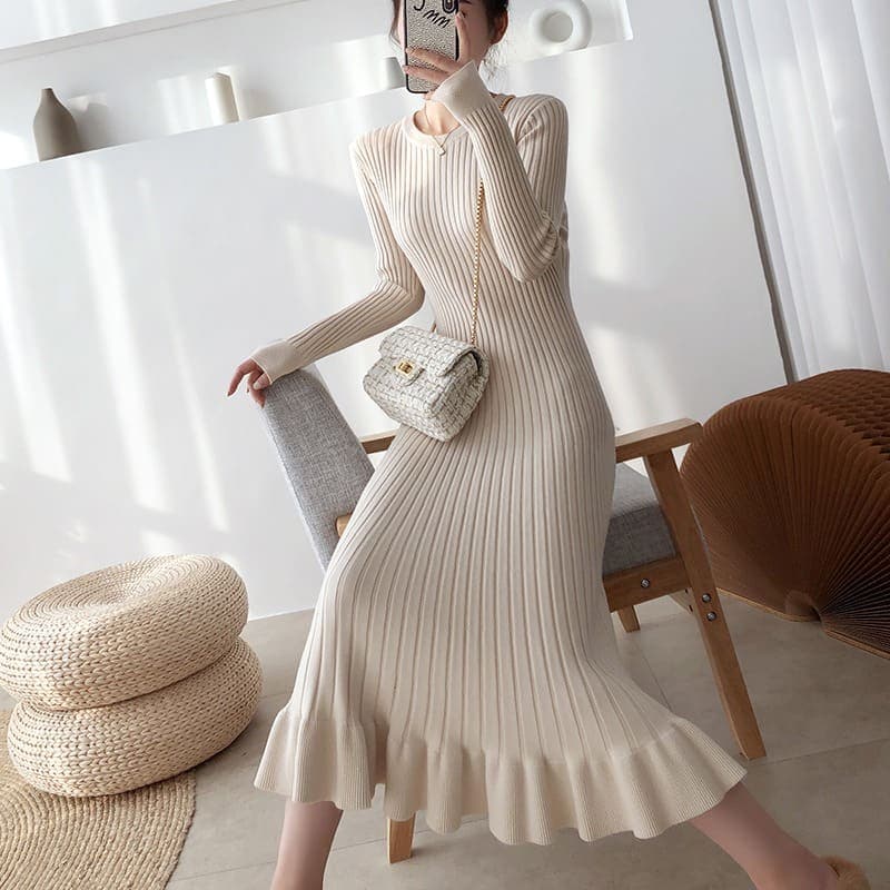 骨格ウェーブ服タイトフレアロングワンピース
