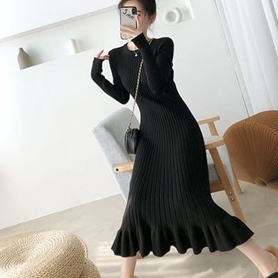 骨格ウェーブ服タイトフレアロングワンピース