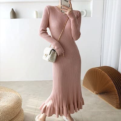 骨格ウェーブ服タイトフレアロングワンピース