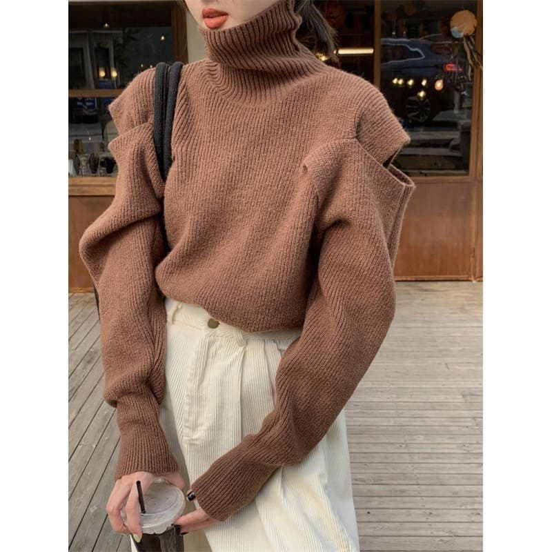 骨格ウェーブ服 ショルダーカットオフニットトップス