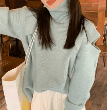 骨格ウェーブ服 ショルダーカットオフニットトップス