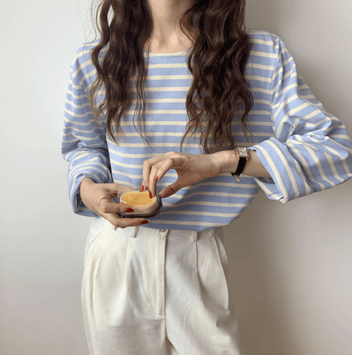 骨格ウェーブ服長袖ボーダーTシャツトップス