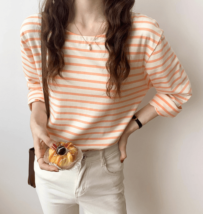 骨格ウェーブ服長袖ボーダーTシャツトップス