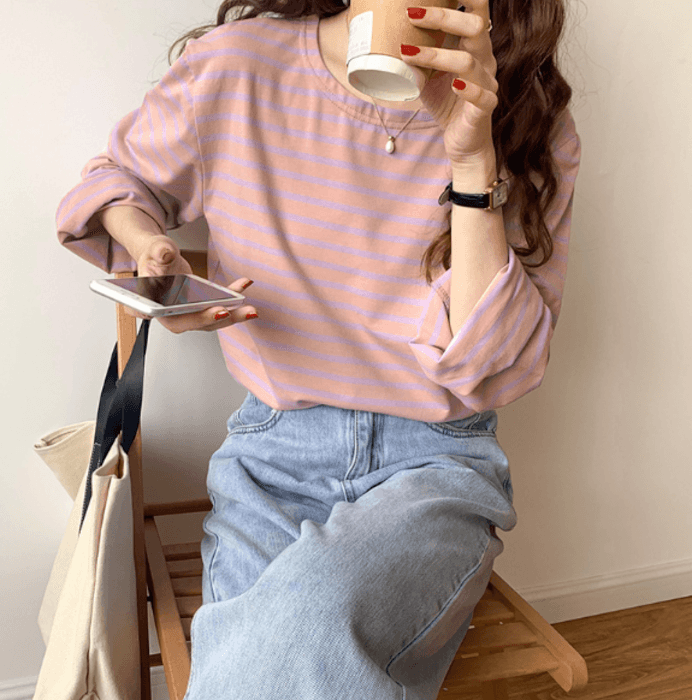 骨格ウェーブ服長袖ボーダーTシャツトップス