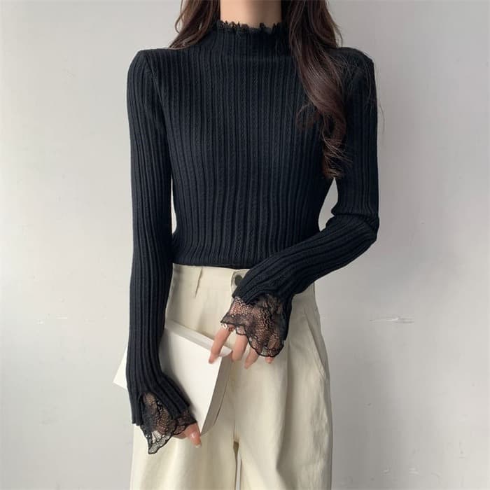 骨格ウェーブ服レイヤードレースニットトップス
