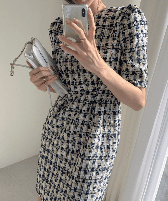 骨格ウェーブ服ウエストマークツイード調ワンピース