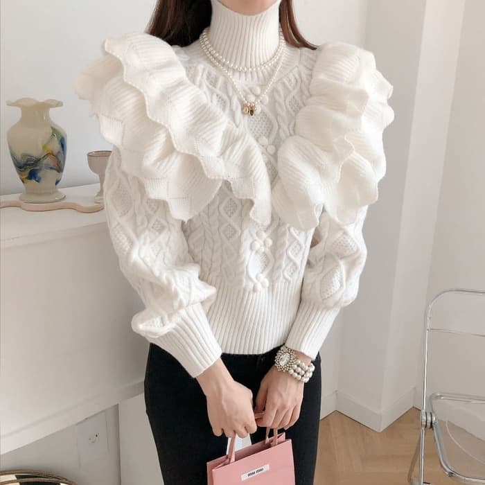 骨格ウェーブ服ホワイトフリルニットトップス