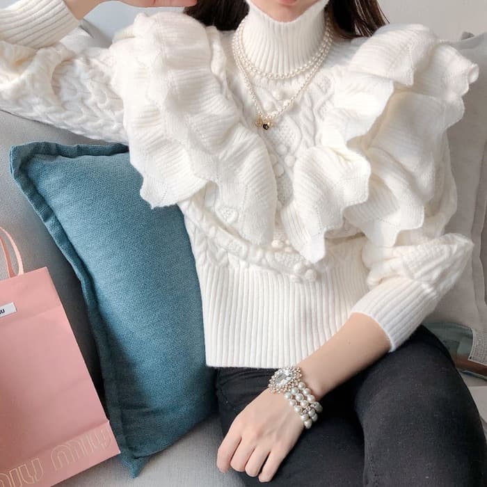 骨格ウェーブ服ホワイトフリルニットトップス