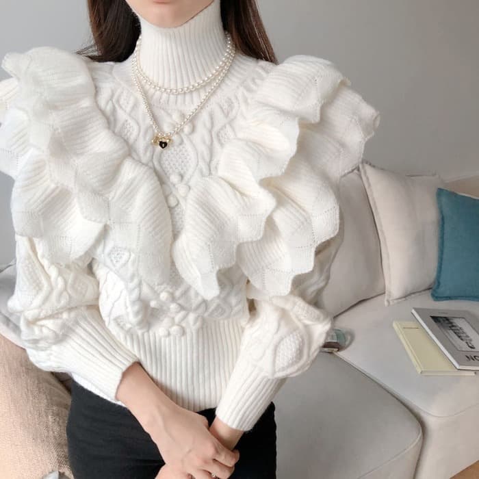 骨格ウェーブ服ホワイトフリルニットトップス