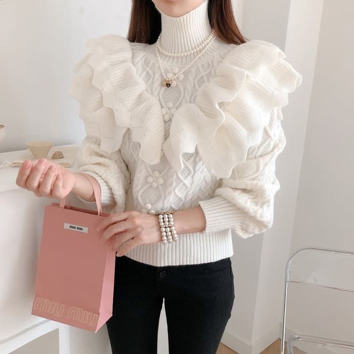 骨格ウェーブ服ホワイトフリルニットトップス