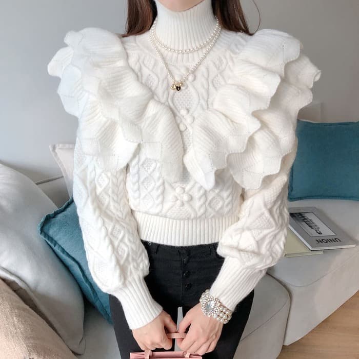 骨格ウェーブ服ホワイトフリルニットトップス
