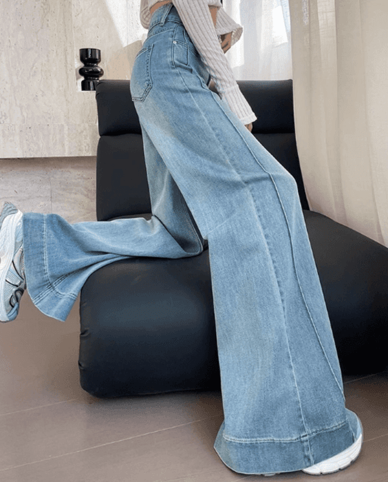 骨格ウェーブダブルボタンサイド切り替えステッチフレアデニムパンツ
