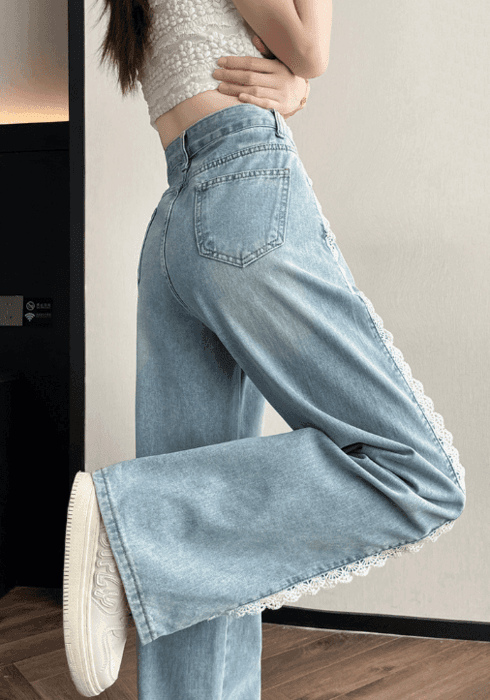 骨格ウェーブサイドスカラップレースハイウエストストレートデニムパンツ