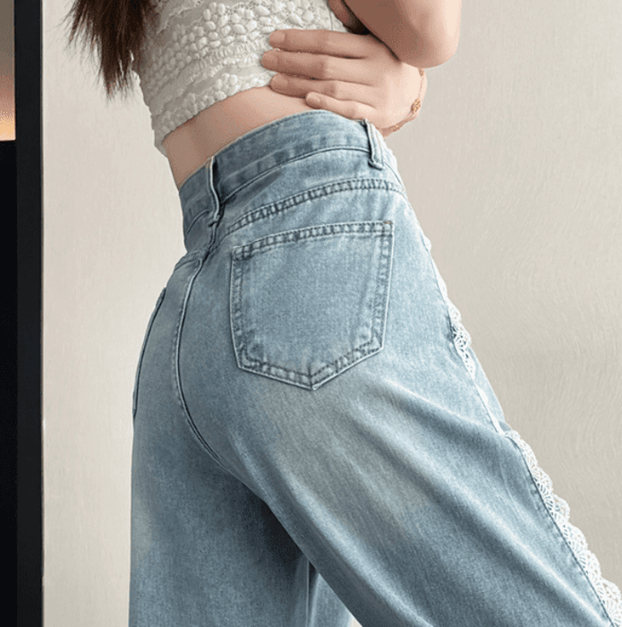 骨格ウェーブサイドスカラップレースハイウエストストレートデニムパンツ