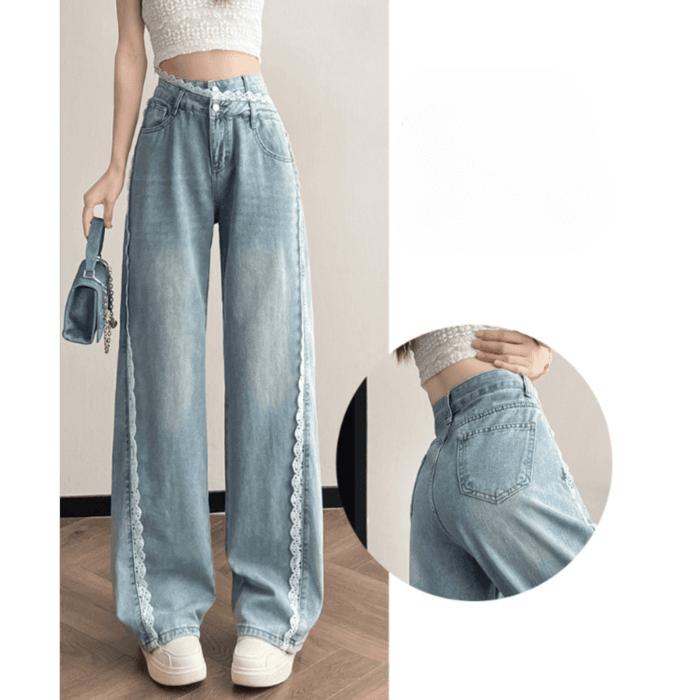 骨格ウェーブサイドスカラップレースハイウエストストレートデニムパンツ