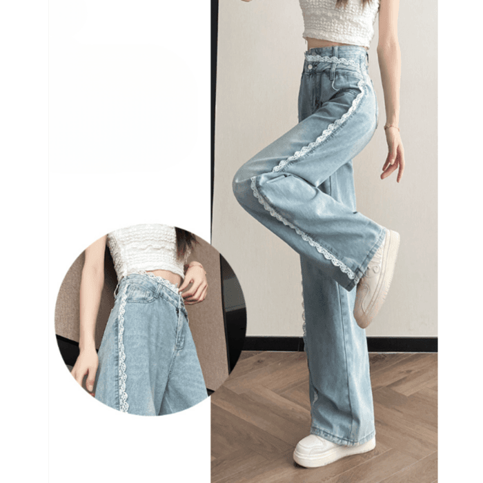 骨格ウェーブサイドスカラップレースハイウエストストレートデニムパンツ