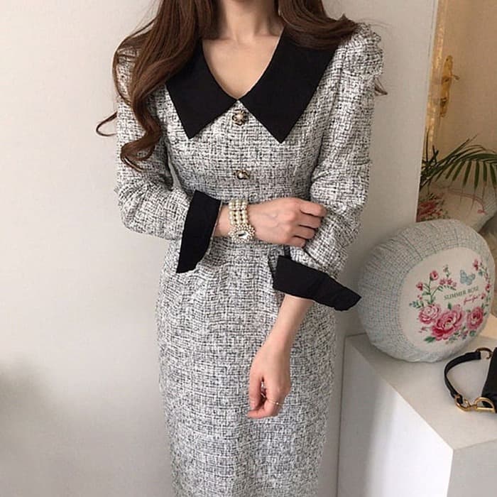 骨格ウェーブ服パフスリーブバックリボンワンピース
