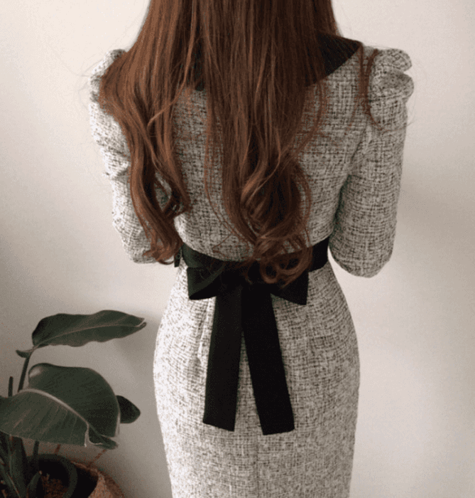 骨格ウェーブ服パフスリーブバックリボンワンピース