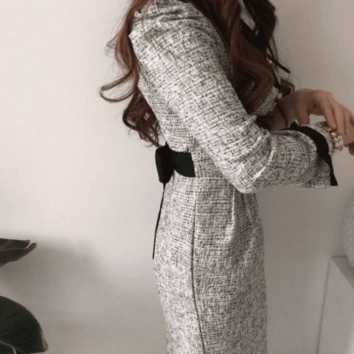骨格ウェーブ服パフスリーブバックリボンワンピース