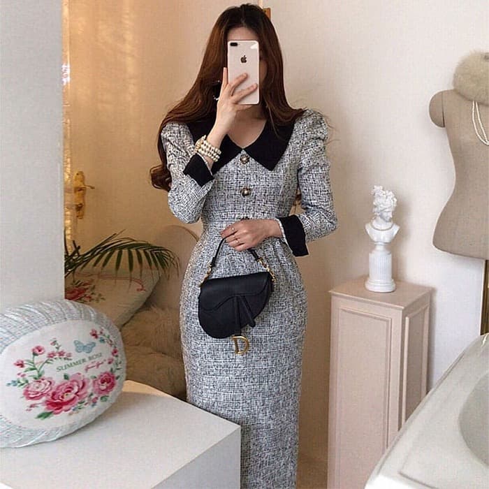 骨格ウェーブ服パフスリーブバックリボンワンピース