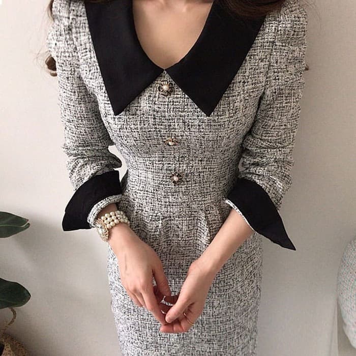 骨格ウェーブ服パフスリーブバックリボンワンピース