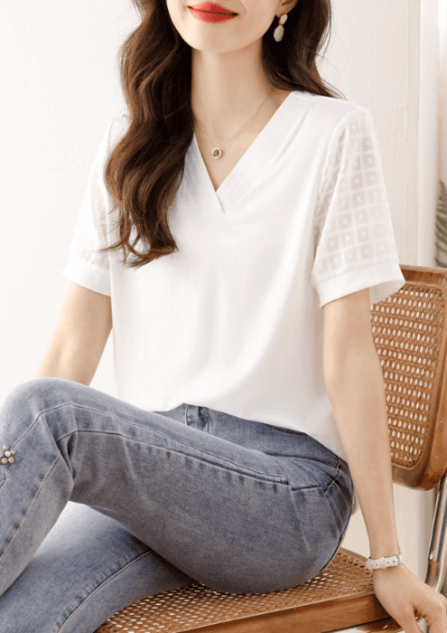 骨格ウェーブ切り替えシアーVネック半袖Tシャツ
