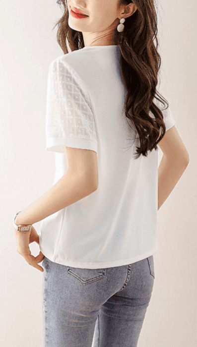 骨格ウェーブ切り替えシアーVネック半袖Tシャツ