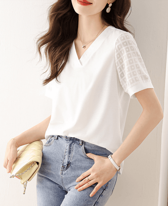 骨格ウェーブ切り替えシアーVネック半袖Tシャツ