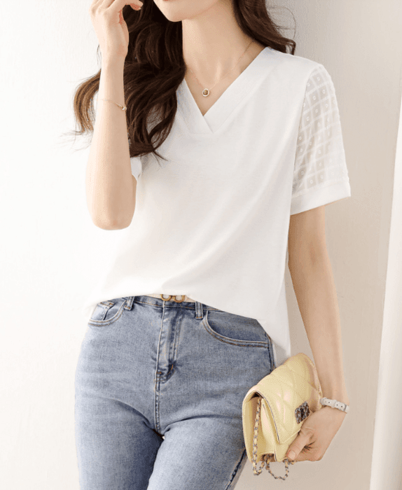 骨格ウェーブ切り替えシアーVネック半袖Tシャツ
