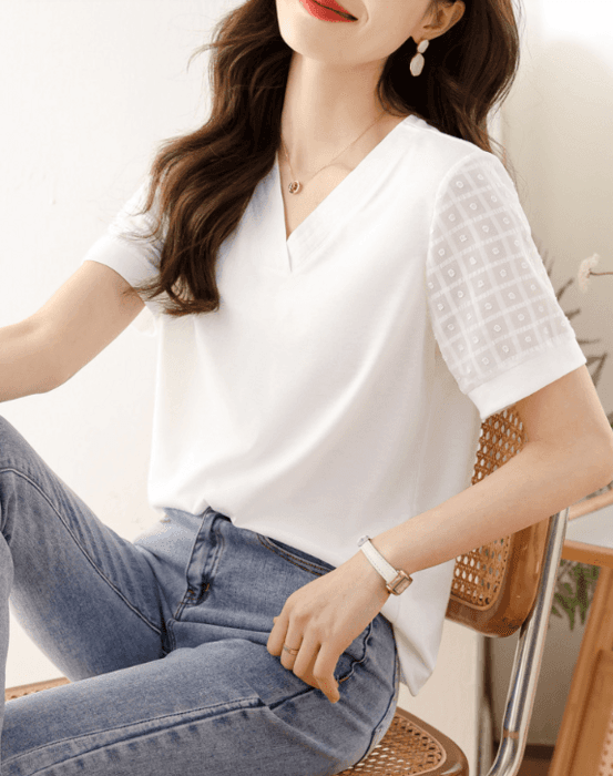 骨格ウェーブ切り替えシアーVネック半袖Tシャツ