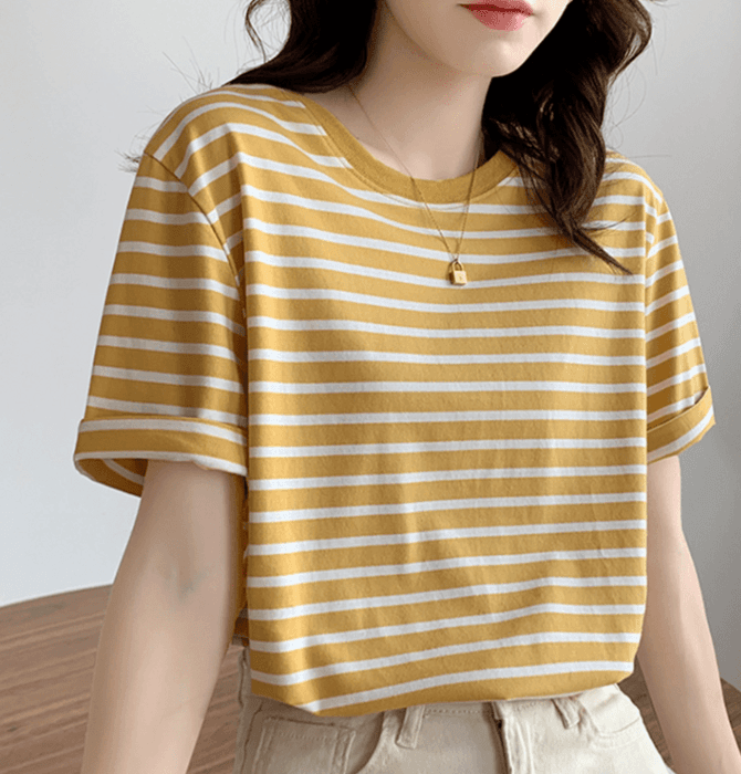 骨格ウェーブラウンドネックボーダーTシャツ