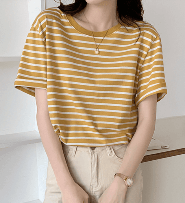 骨格ウェーブラウンドネックボーダーTシャツ