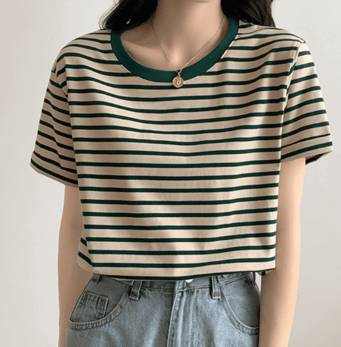 骨格ウェーブラウンドネックボーダーTシャツ