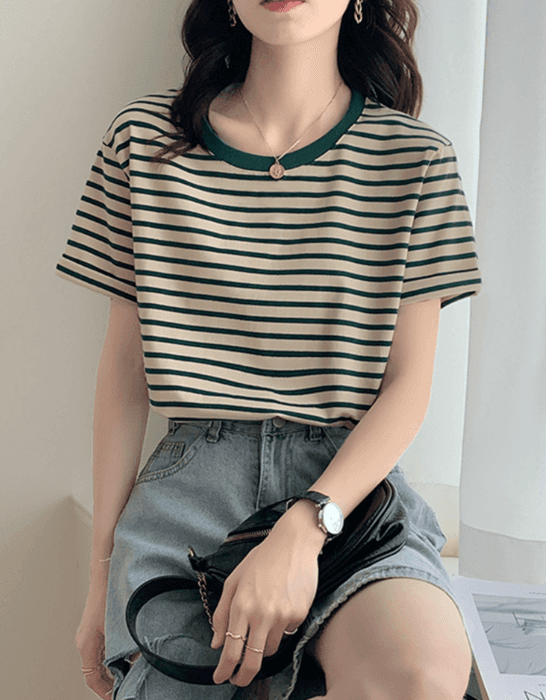 骨格ウェーブラウンドネックボーダーTシャツ