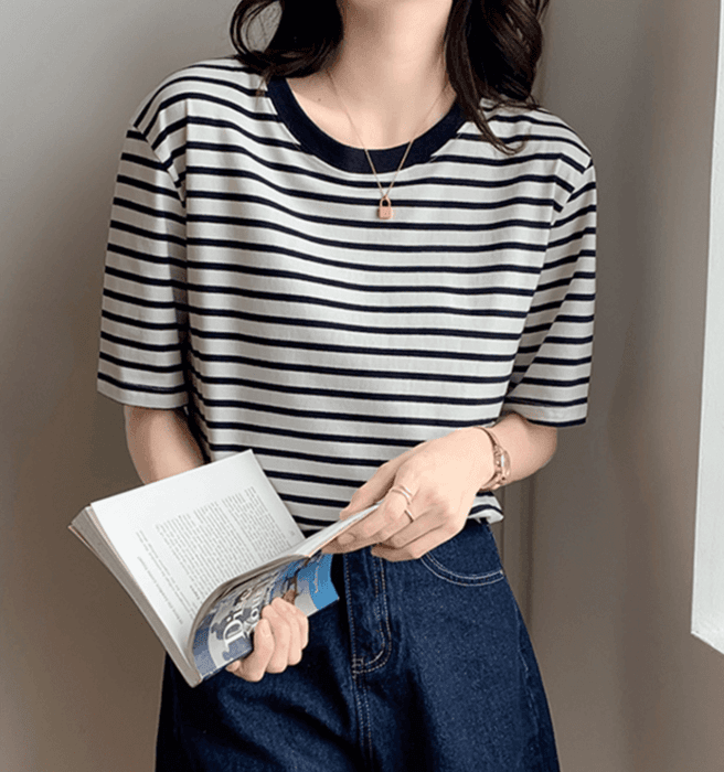 骨格ウェーブラウンドネックボーダーTシャツ