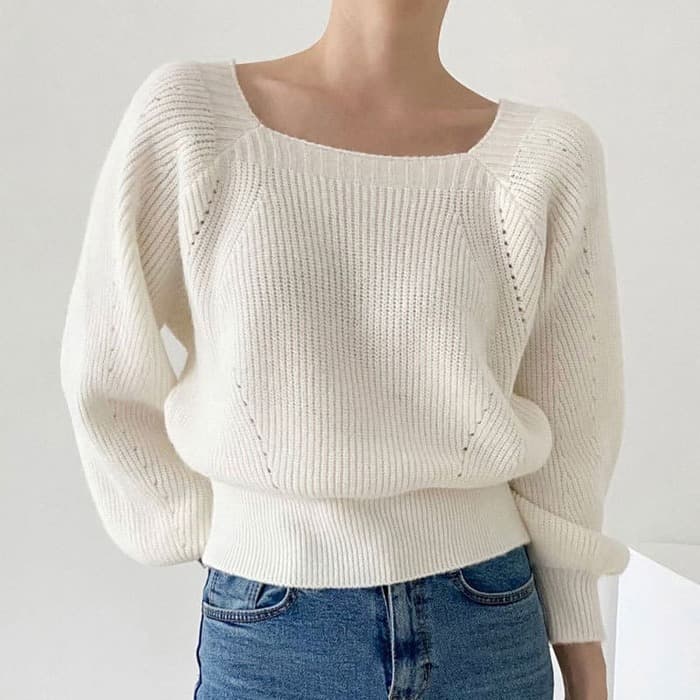 骨格ウェーブ服ショート丈スクエアネックニットトップス
