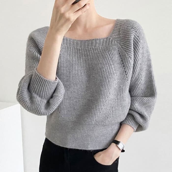 骨格ウェーブ服ショート丈スクエアネックニットトップス