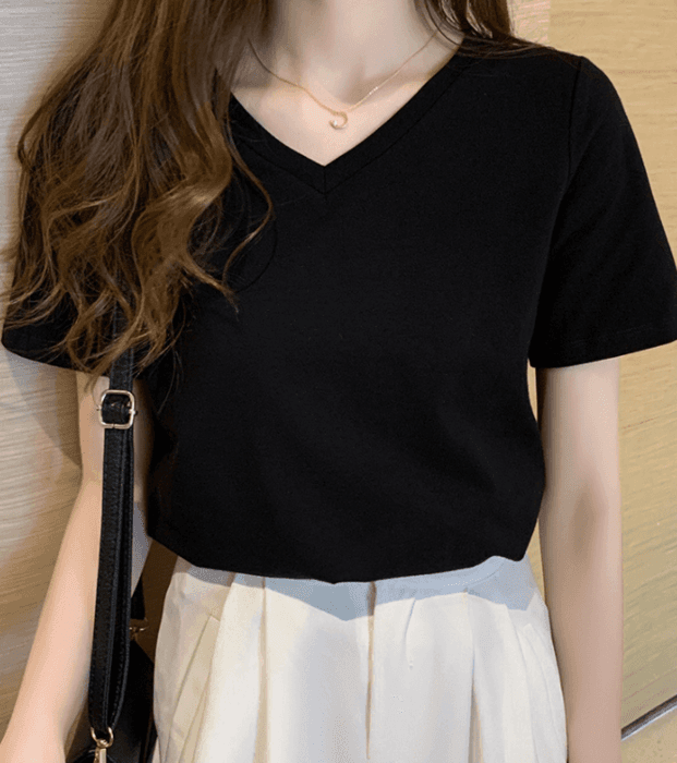 骨格ウェーブVネックシンプルTシャツ