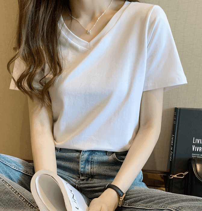 骨格ウェーブVネックシンプルTシャツ