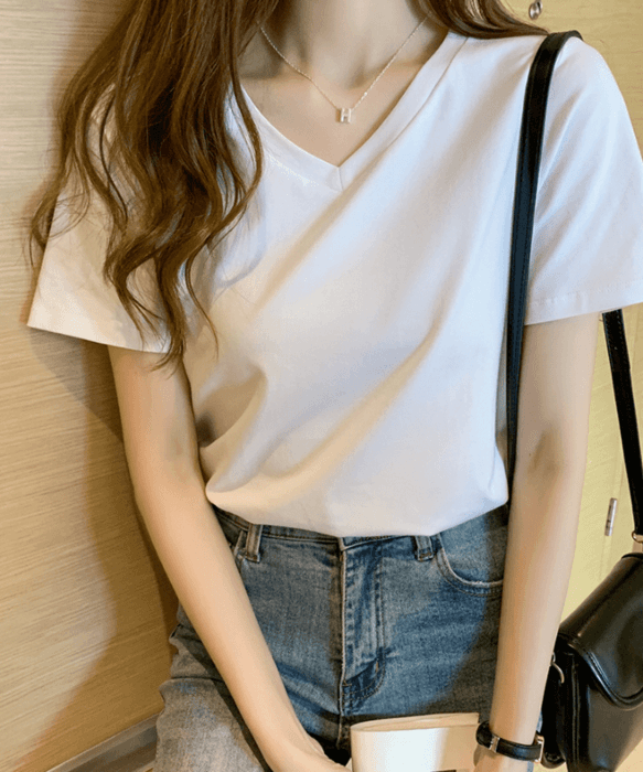 骨格ウェーブVネックシンプルTシャツ