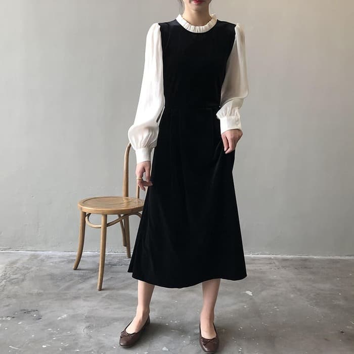 骨格ウェーブ服フリルネックベロアワンピース